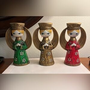 1960s Dickson Christmas Angel Gold, Green, and Red Candle Holders